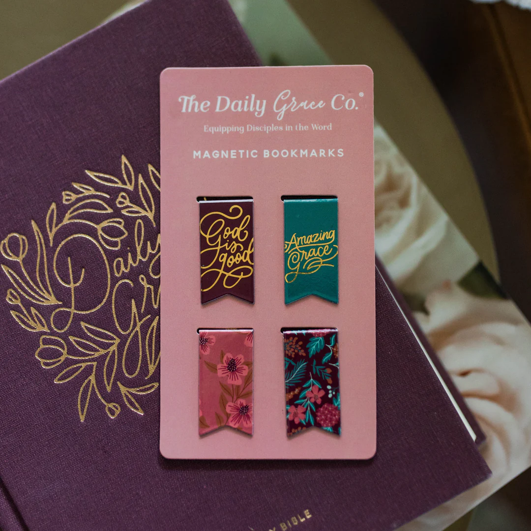 Daily Grace Burgundy Blooms Magnetic Bookmark Set