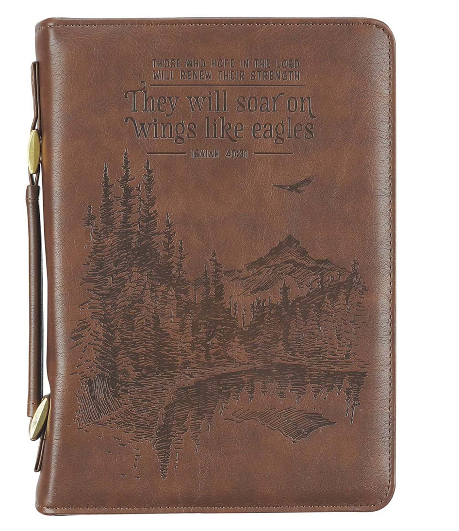 On Wings Like Eagles Brown Faux Leather Classic Bible Cover - Isaiah 40:31 (LARGE SIZE)