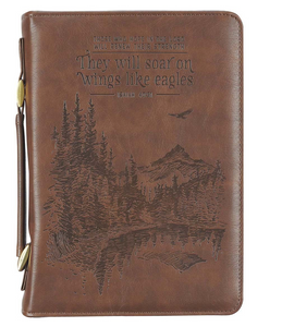 On Wings Like Eagles Brown Faux Leather Classic Bible Cover - Isaiah 40:31 (LARGE SIZE)