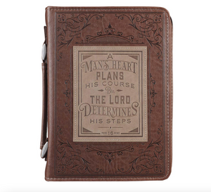 A Man's Heart Brown Faux Leather Classic Bible Cover - Proverbs 16:9 (LARGE)