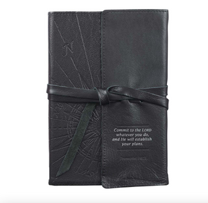 Commit to the Lord Black Full Grain Leather Journal with Wrap Closure - Proverbs 16:3