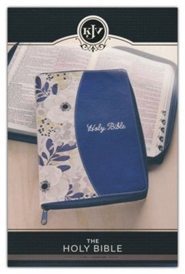 KJV Holy Bible, Thinline Large Print Faux Leather Red Letter Edition - Thumb Index Ribbon Marker, King James Version, Blue Printed Floral, Zipper Closure