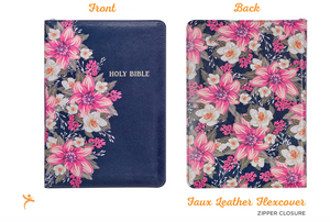 KJV Holy Bible Standard Size Faux Leather Red Letter Edition - Thumb Index & Ribbon Marker, King James Version, Blue Floral, Zipper Closure